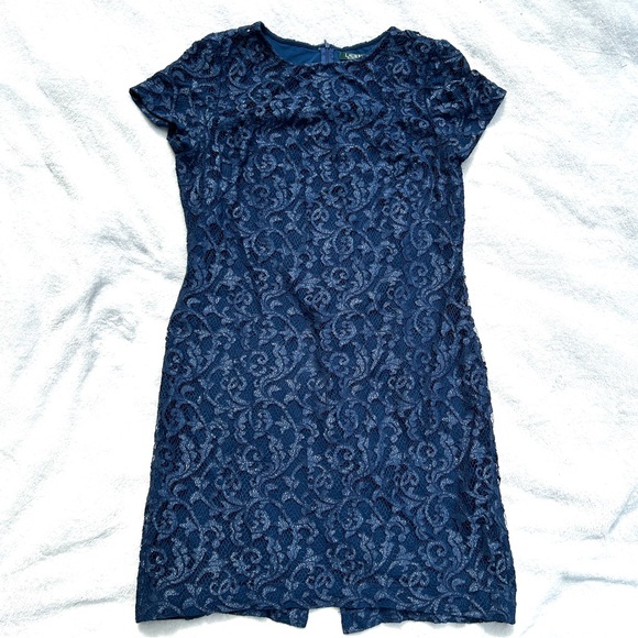 Lauren Ralph Lauren Women’s Christiana Dress 16 Navy Blue Floral Sheath Cocktail - Picture 5 of 16